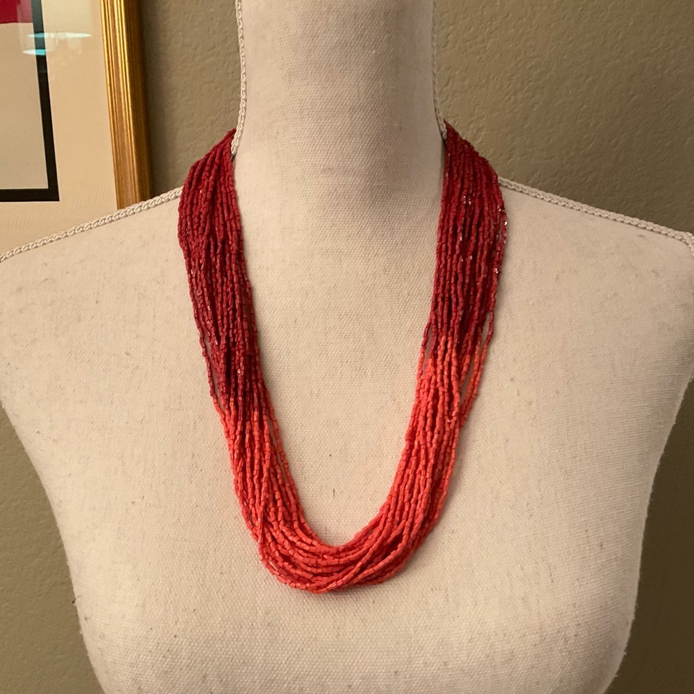 CORAL GLASS SEED BEAD MULTI STRAND 24” NECKLACE